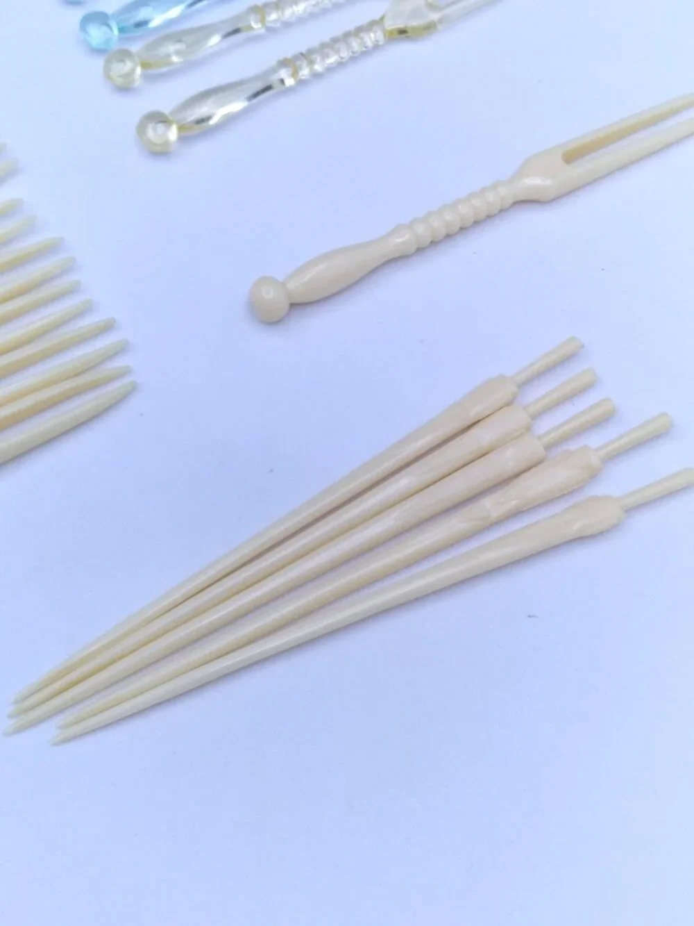 hors d'oeuvre fork tooth picks ivory tone and multicolored plastic vintage